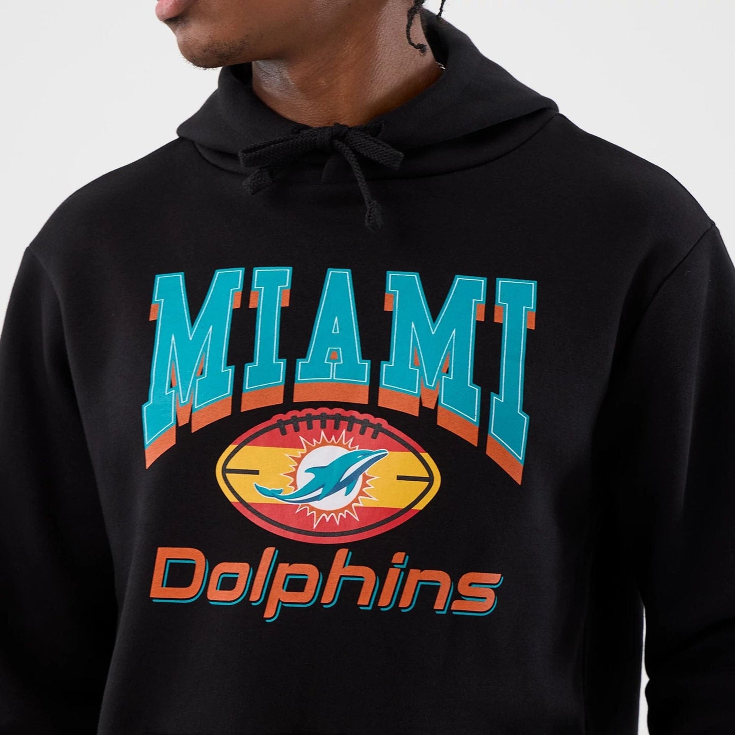 The Male model is wearing Miami Dolphins NFL International Series Games Black Pullover Hoodie  3