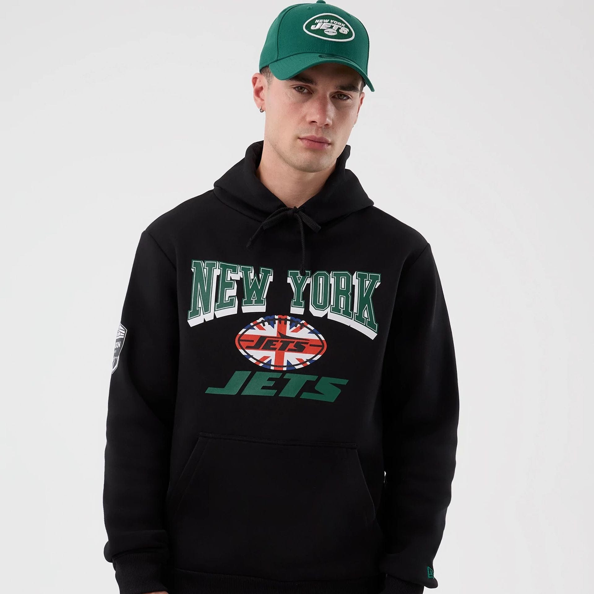 The Male model is wearing New York Jets NFL International Series Games Black Pullover Hoodie  6