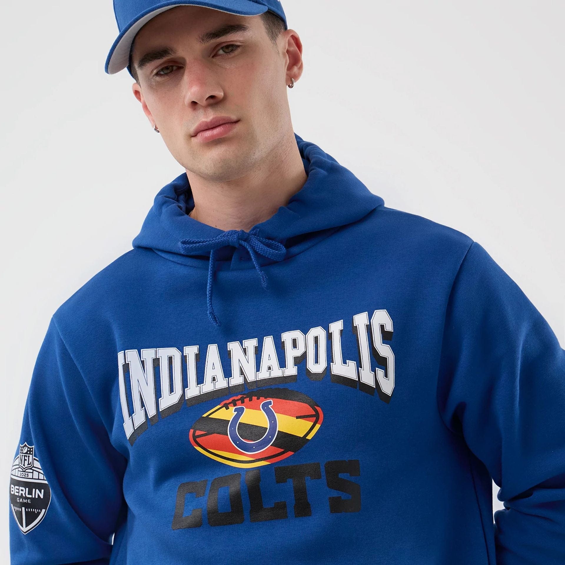 The Male model is wearing Indianapolis Colts NFL International Series Games Blue Pullover Hoodie  5