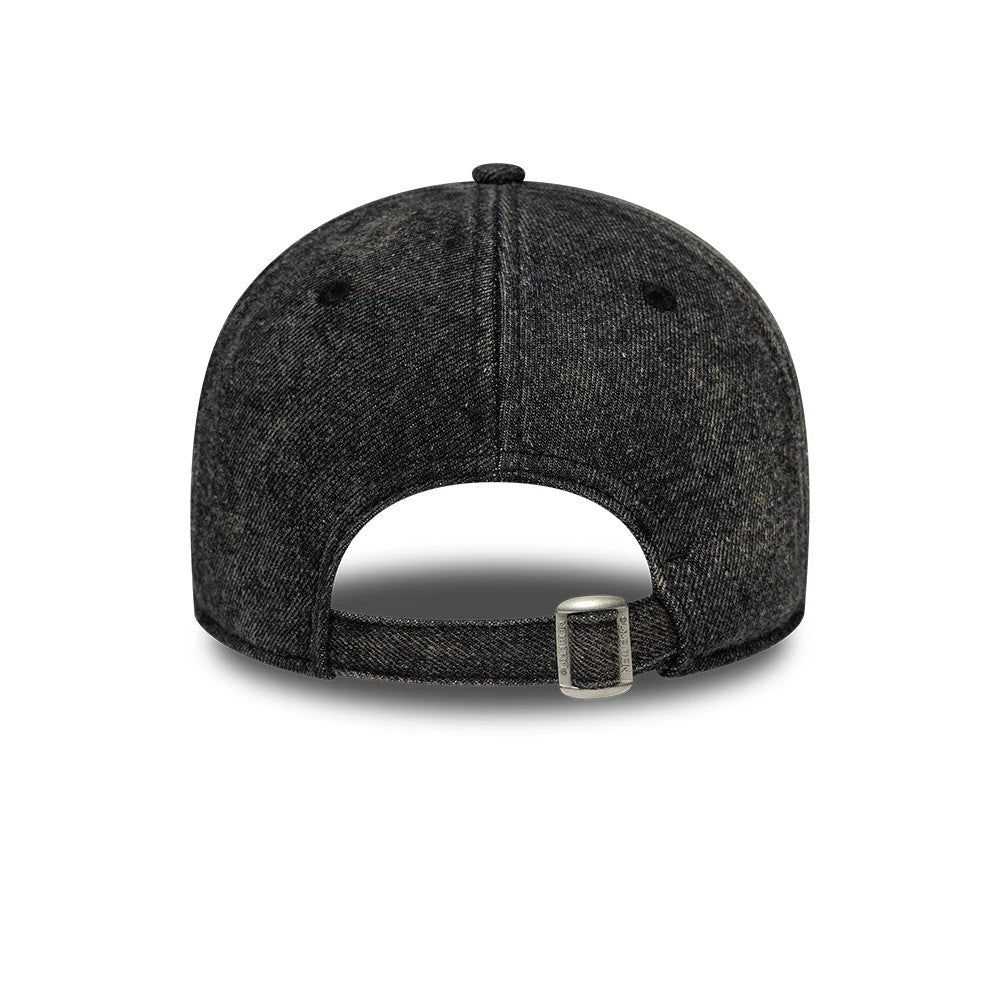 Stranger Things Distressed Black New Era 9FORTY Adjustable Cap, rear view showing the curved opening for adjustable strap with buckle, featuring a textured distressed black finish on the unstructured crown.