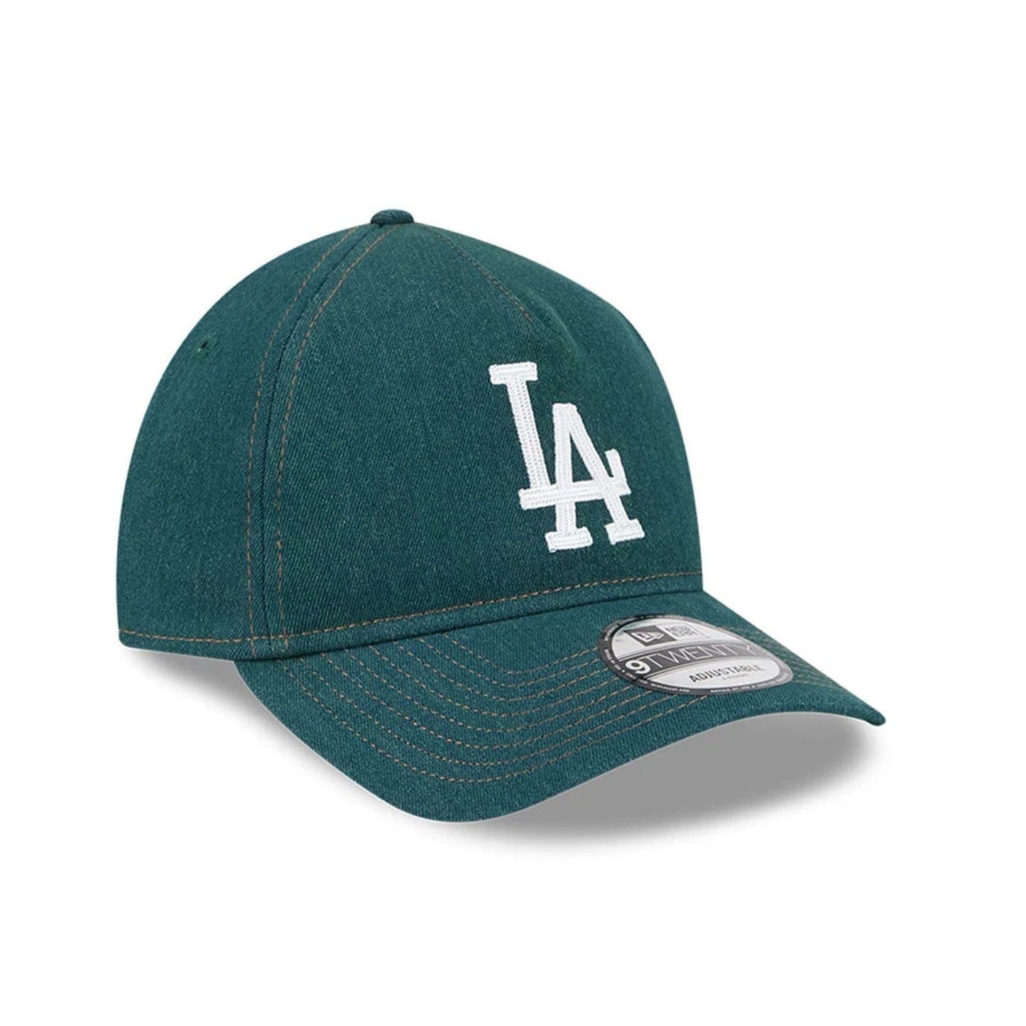 Pictured is this MLB Forest Denim LA Dodgers 9TWENTY A-Frame Adjustable cap in green. 3