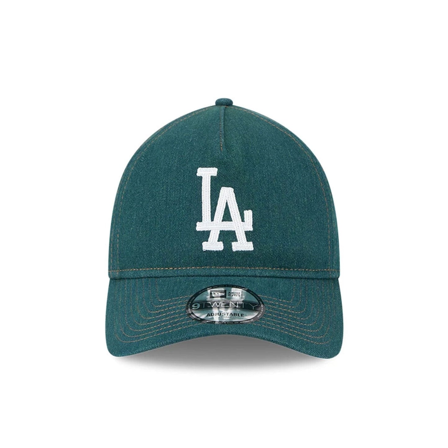 Pictured is this MLB Forest Denim LA Dodgers 9TWENTY A-Frame Adjustable cap in green. 2