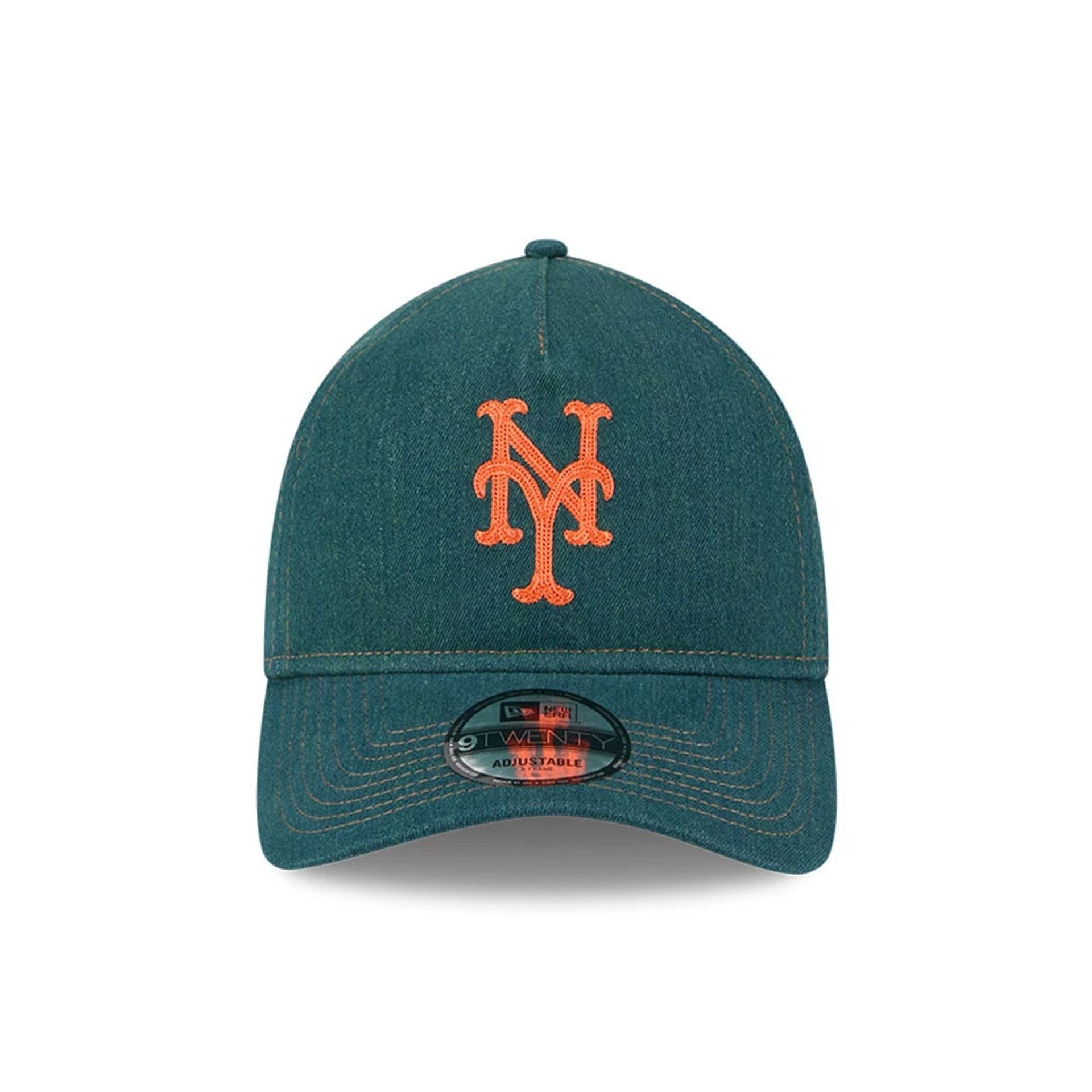 Pictured is this MLB Forest Denim New York Mets 9TWENTY A-Frame Adjustable cap in green. 2