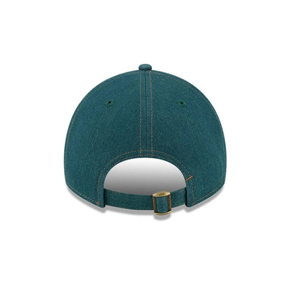 New York Mets MLB Forest Denim Green New Era 9TWENTY A-Frame Adjustable Cap, rear view showing the brass buckle on the strapback closure, with neat stitching across the faded green crown and two green eyelets.