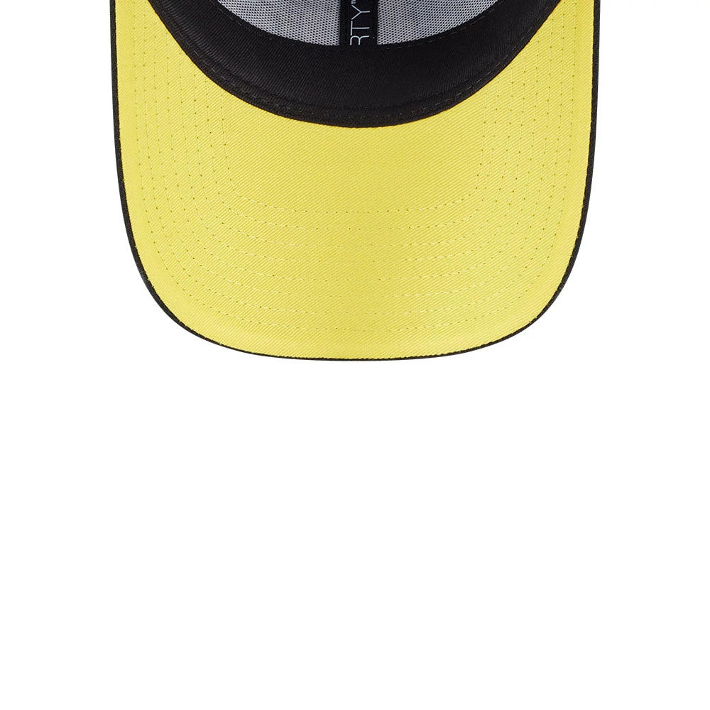 LA Dodgers MLB Neon Black New Era 9FORTY Adjustable Cap, inside view showing the black sweatband and taping, with a yellow undervisor that adds a contrast to the classic design.