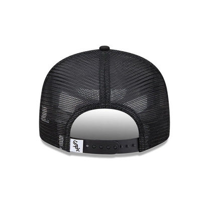 Chicago White Sox MLB Evergreen Black New Era 9FIFTY Trucker Adjustable Cap, rear view showing a black mesh back with a white Sox logo above the adjustable snap closure and the New Era flag logo on the left side.