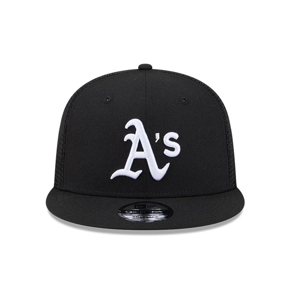 Pictured is this MLB Evergreen Athletics 9FIFTY Trucker cap in black. 3