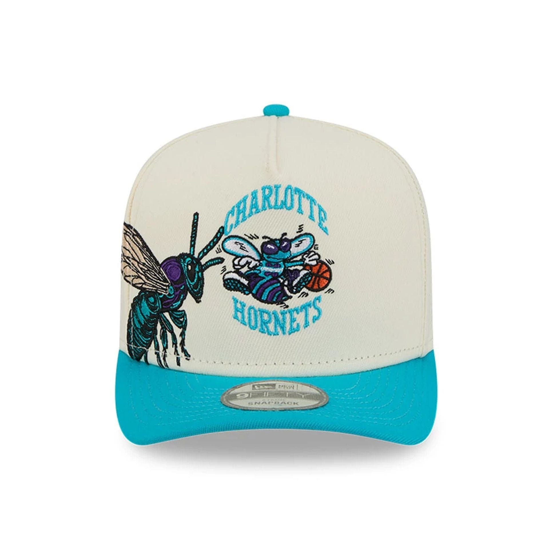 Pictured is this NBA Hardwood Classic Charlotte Hornets 9FIFTY A-Frame Snapback cap in turquoise. 3