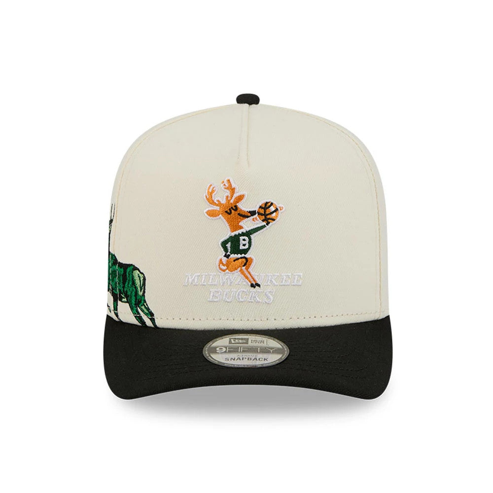 Milwaukee Bucks NBA Black New Era 9FIFTY A-Frame Snapback Adjustable Cap, front view showing a raised embroidered orange deer logo in green jersey holding a basketball, with a grey 9FIFTY size sticker on the black visor.
