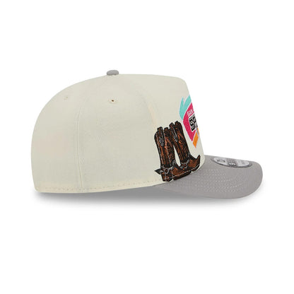 San Antonio Spurs NBA Grey New Era 9FIFTY A-Frame Snapback Adjustable Cap, side view with embroidered brown cowboy boots on the side panel and a flat grey visor with a 9FIFTY size sticker.