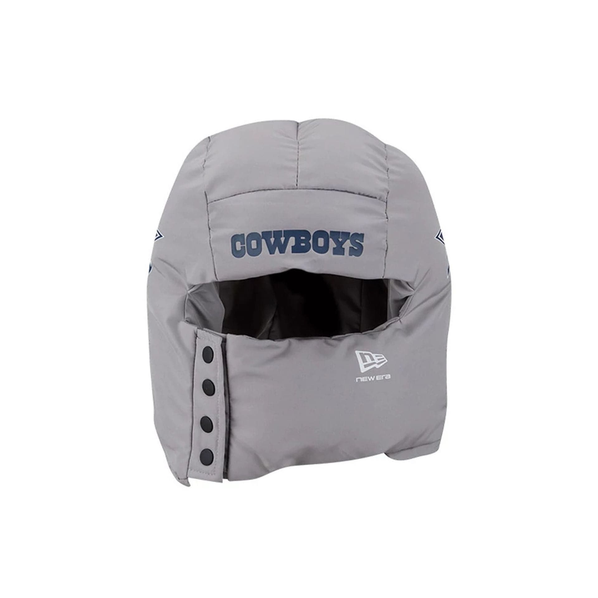 Pictured is this NFL Puffer Helmet Dallas Cowboys Trapper hat in Grey. 2