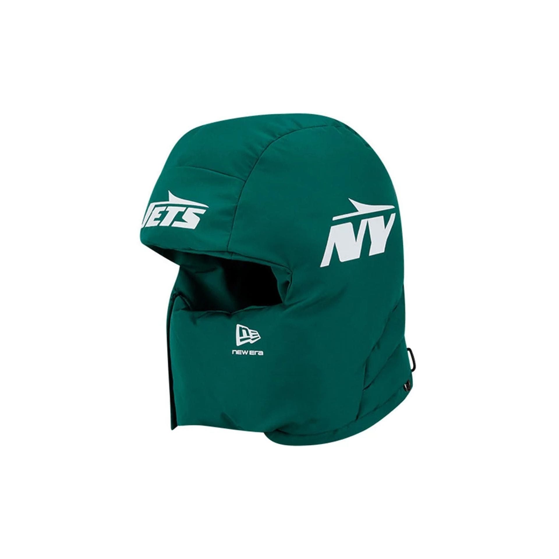 Pictured is this NFL Puffer Helmet New York Jets Trapper hat in green. 1