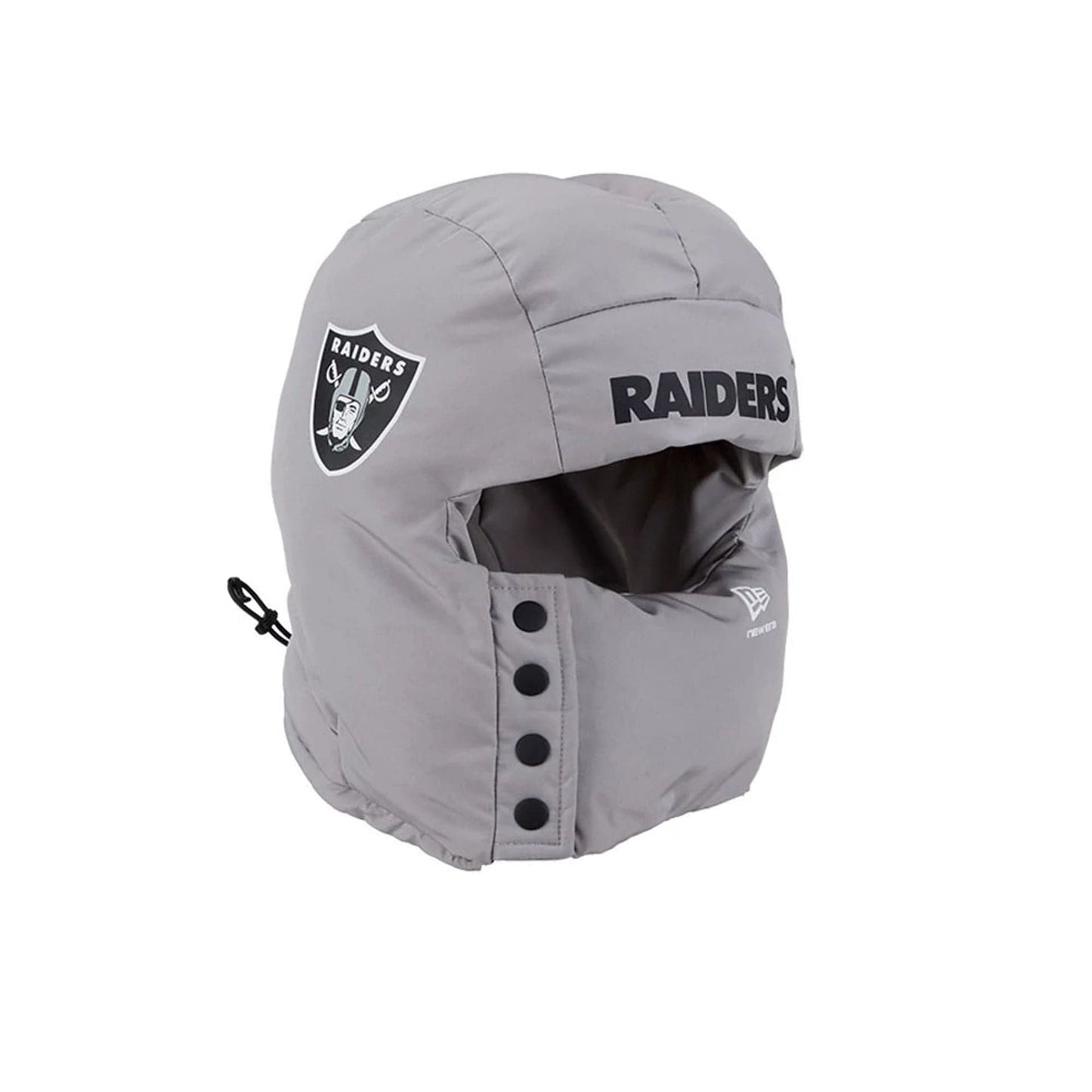 Pictured is this NFL Puffer Helmet Las Vegas Raiders Trapper hat in Grey. 3