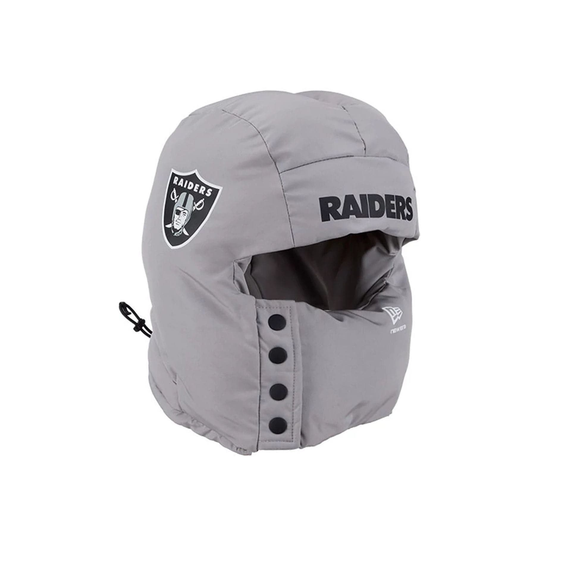 Pictured is this NFL Puffer Helmet Las Vegas Raiders Trapper hat in Grey. 3