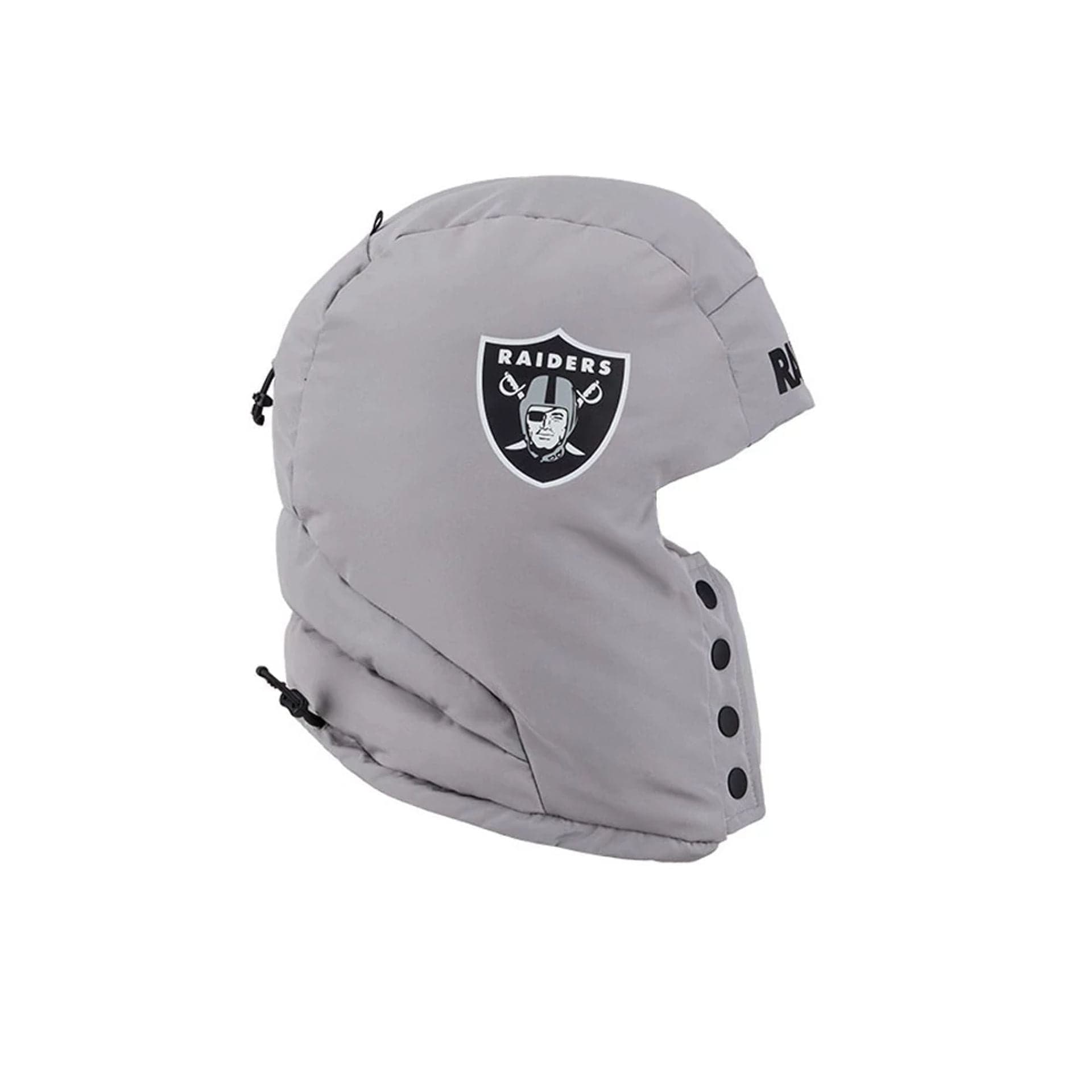 Pictured is this NFL Puffer Helmet Las Vegas Raiders Trapper hat in Grey. 6