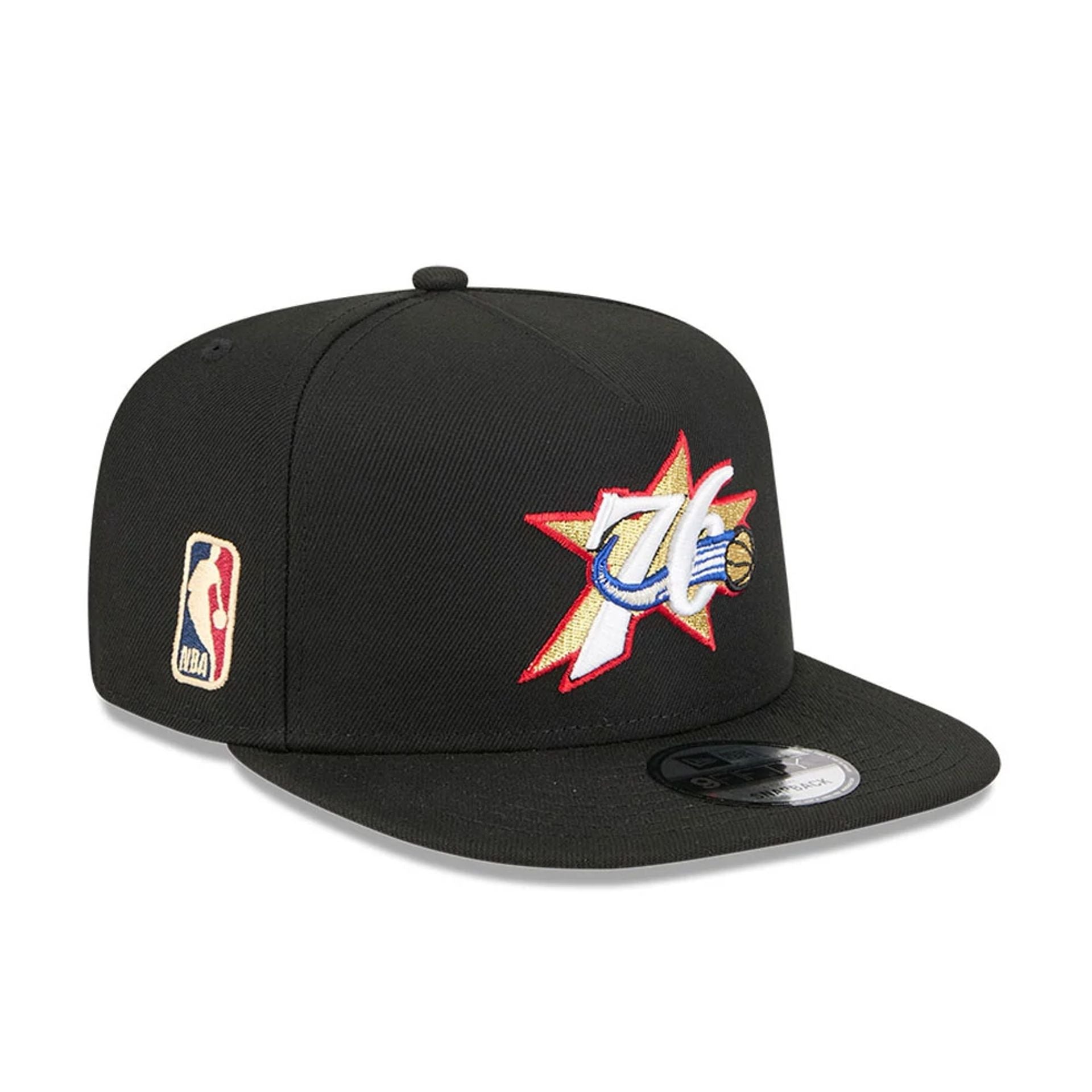 Pictured is this NBA Classic Philadelphia 76ers 9FIFTY A-Frame Snapback Adjustable cap in black. 1