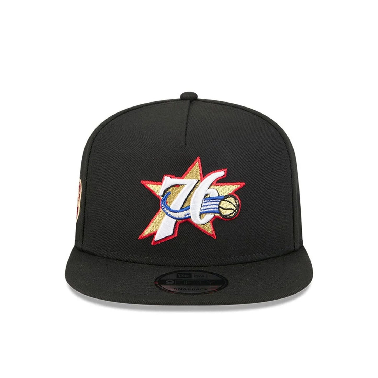 Pictured is this NBA Classic Philadelphia 76ers 9FIFTY A-Frame Snapback Adjustable cap in black. 4