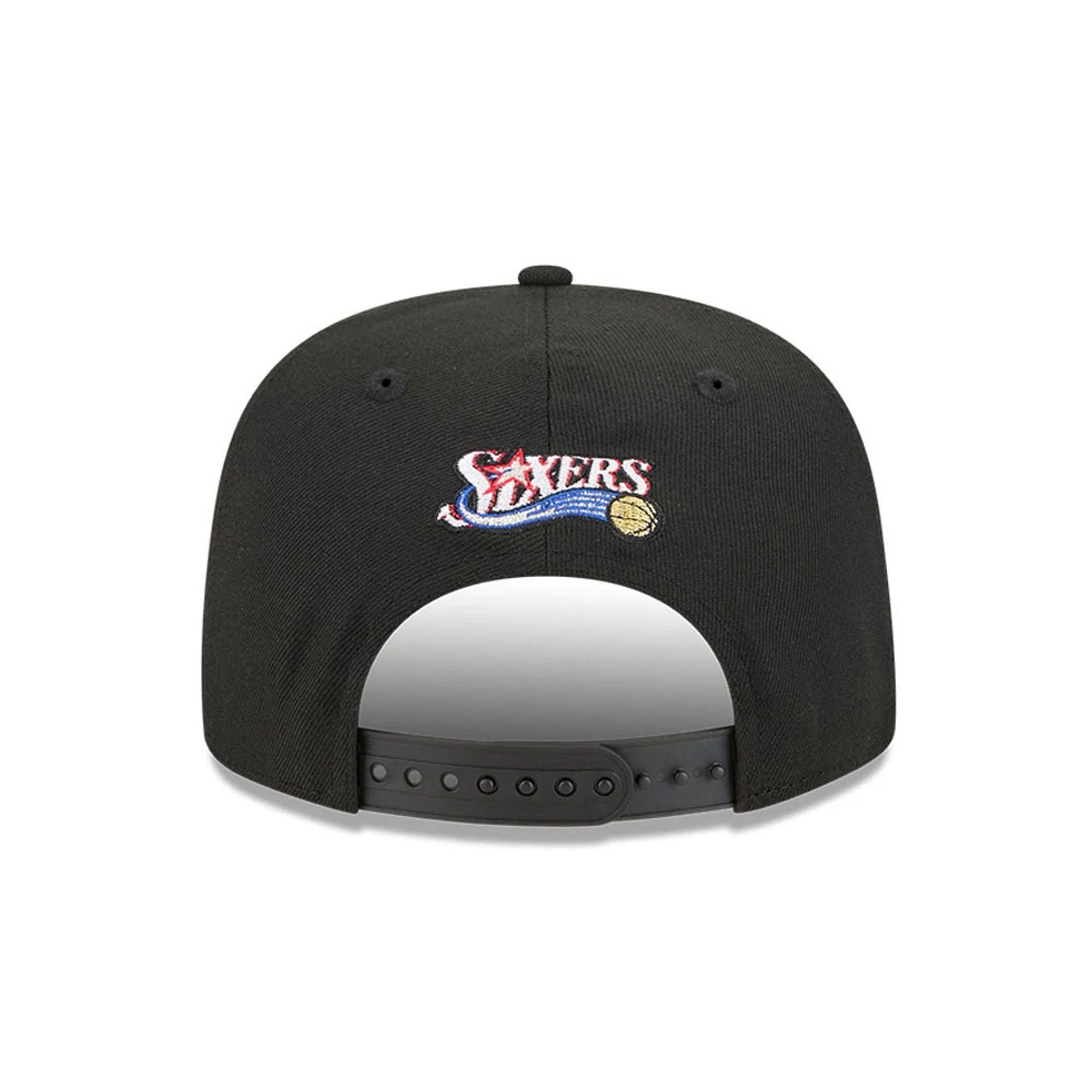 Pictured is this NBA Classic Philadelphia 76ers 9FIFTY A-Frame Snapback Adjustable cap in black. 3