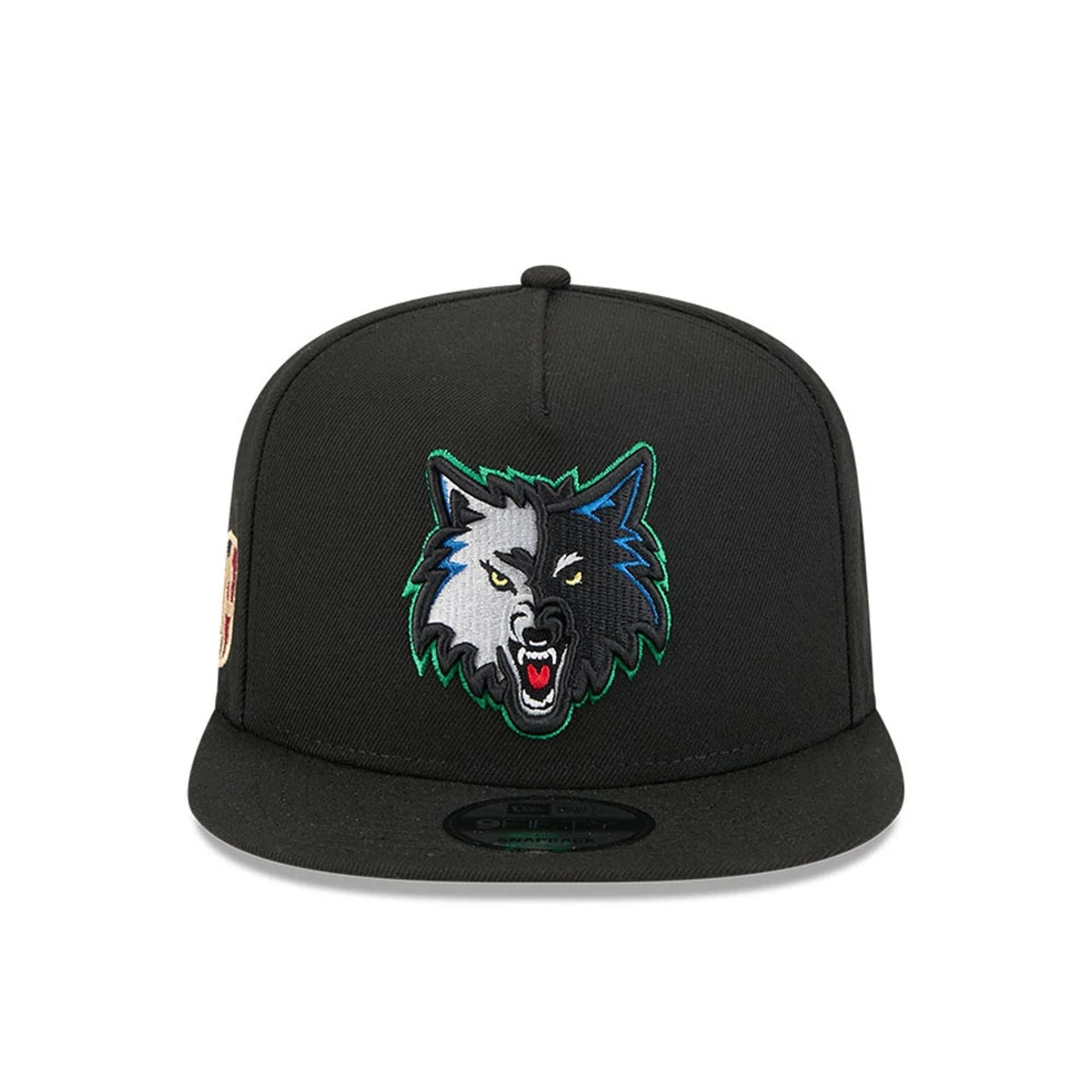 Pictured is this NBA Classic Minnesota Timberwolves 9FIFTY A-Frame Snapback Adjustable cap in black. 3