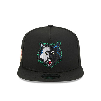 Pictured is this NBA Classic Minnesota Timberwolves 9FIFTY A-Frame Snapback Adjustable cap in black. 3