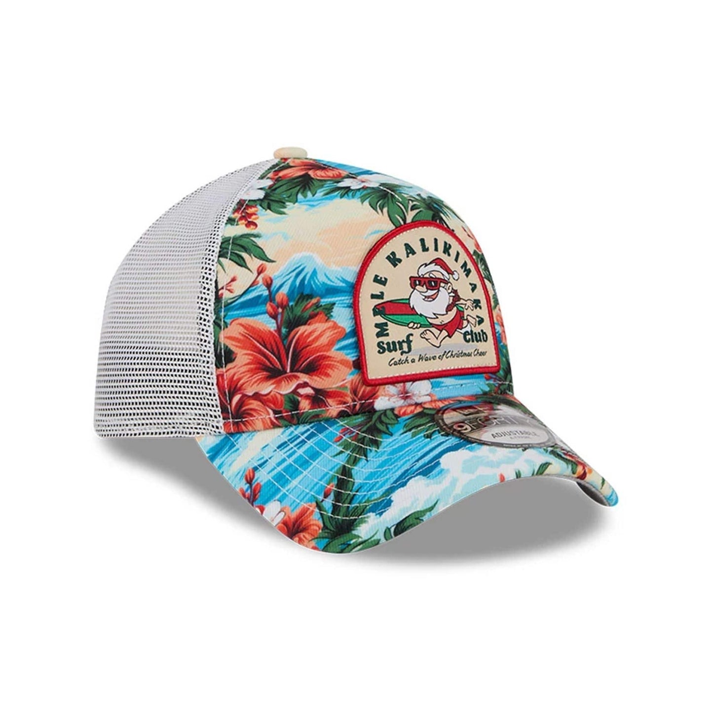 Pictured is this New Era Holiday Essentials 9FORTY A-Frame Trucker cap in white. 4