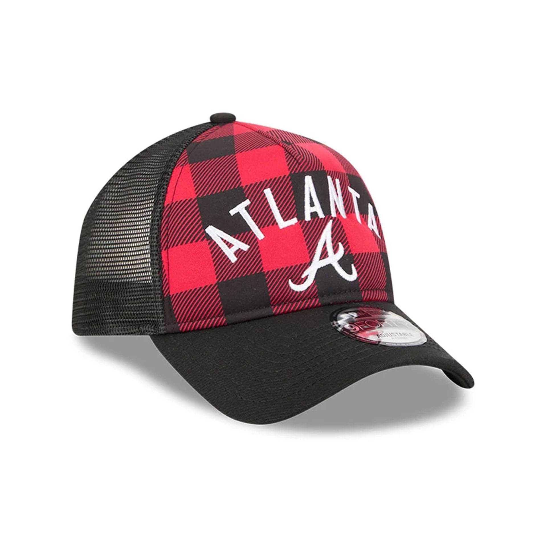Pictured is this MLB Novelty Check Atlanta Braves 9FORTY A-Frame cap in black. 3