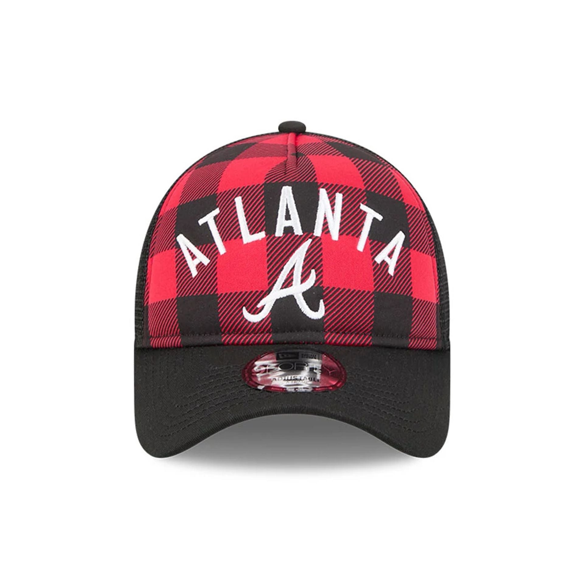 Pictured is this MLB Novelty Check Atlanta Braves 9FORTY A-Frame cap in black. 2