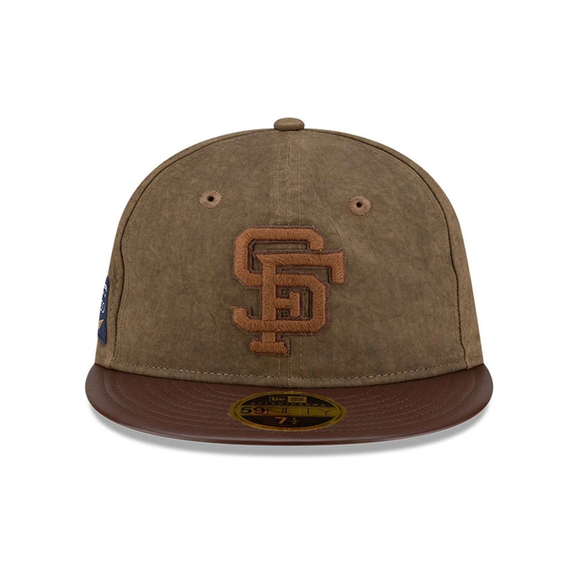 Pictured is this MLB Utility Linen San Francisco Giants Retro Crown 59FIFTY Fitted cap in open brown. 3