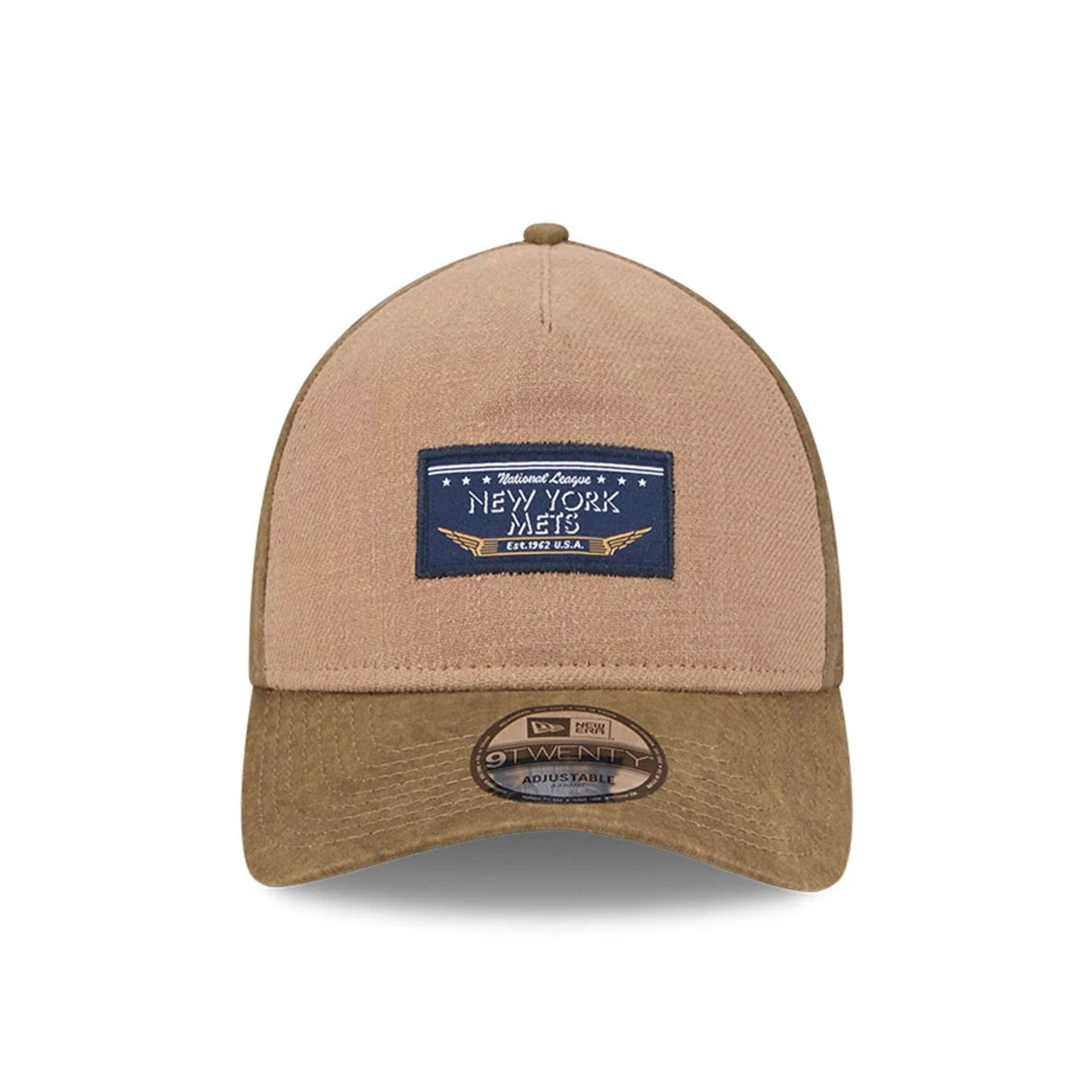 Pictured is this MLB Utility Linen New York Mets 9TWENTY A-Frame cap in open brown. 2