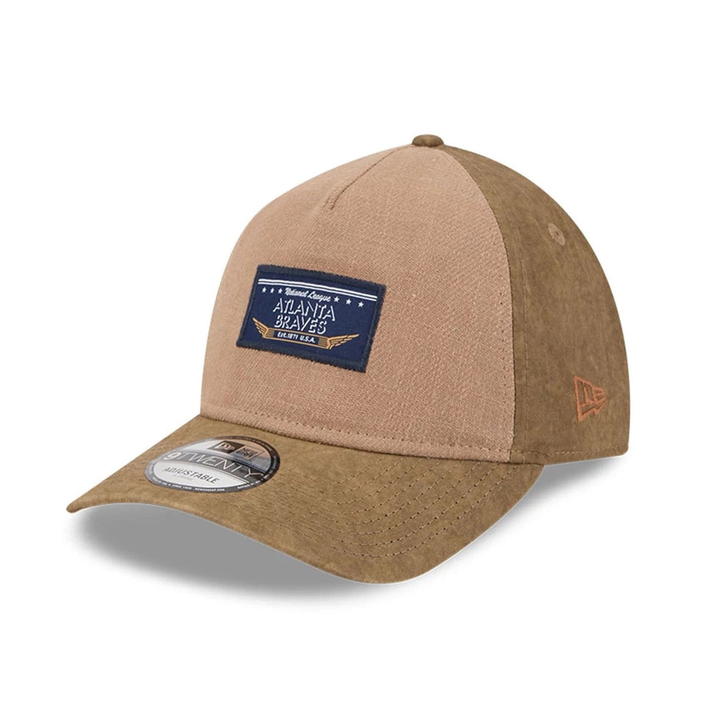 Pictured is this MLB Utility Linen Atlanta Braves 9TWENTY A-Frame cap in open brown. 3