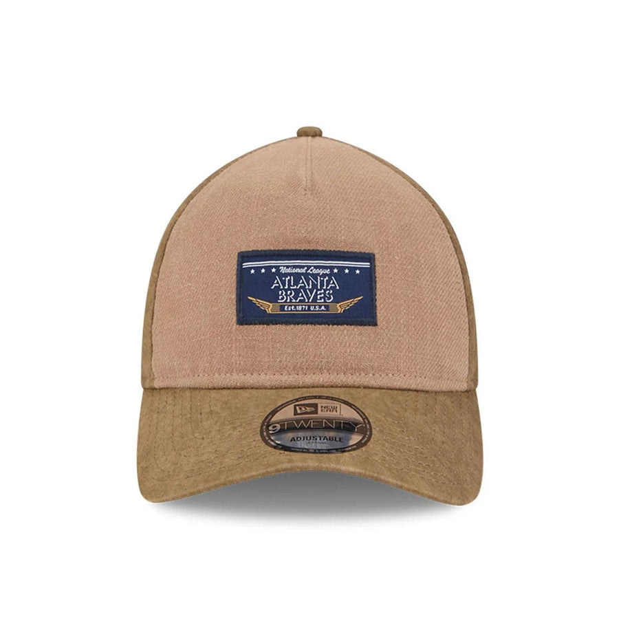 Pictured is this MLB Utility Linen Atlanta Braves 9TWENTY A-Frame cap in open brown. 2