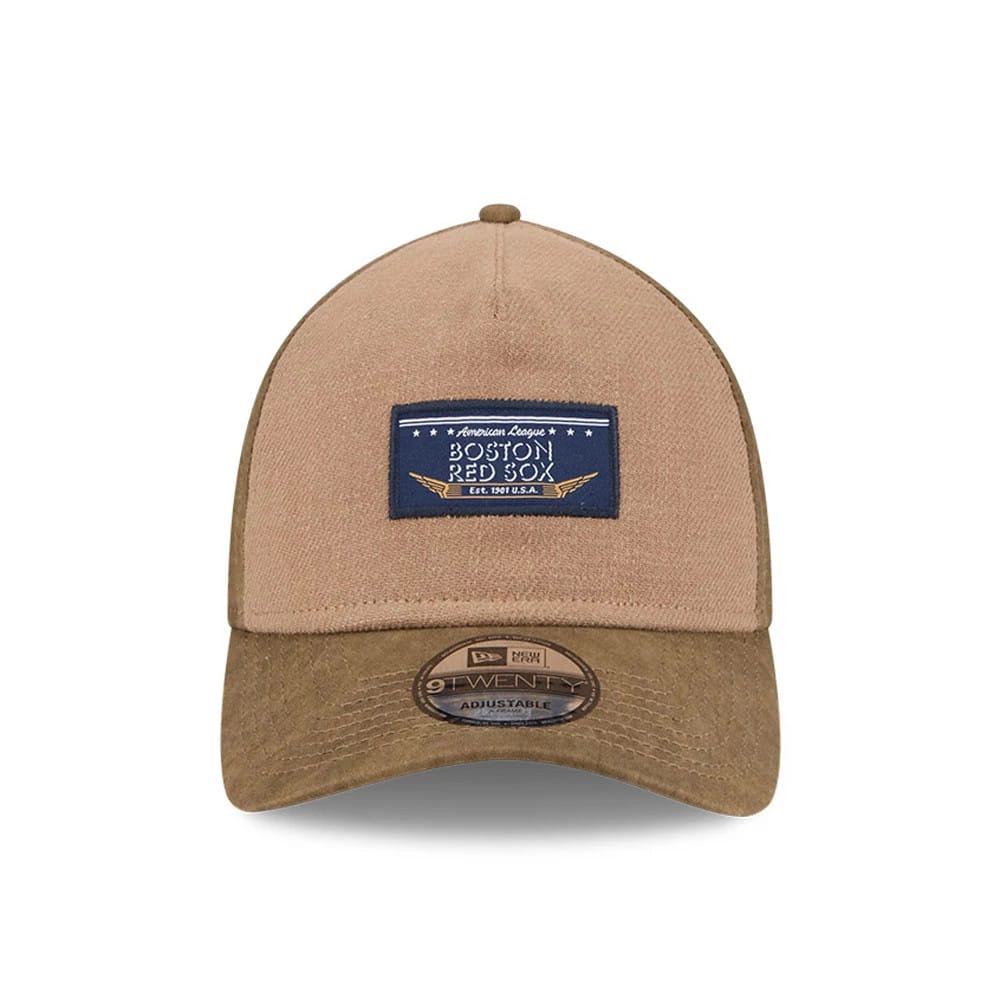 Pictured is this MLB Utility Linen Boston Red Sox 9TWENTY A-Frame cap in open brown. 2