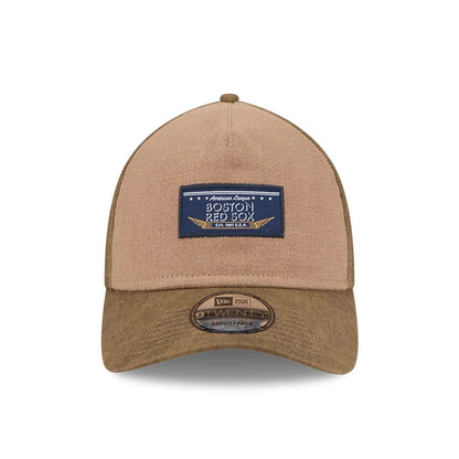 Pictured is this MLB Utility Linen Boston Red Sox 9TWENTY A-Frame cap in open brown. 2