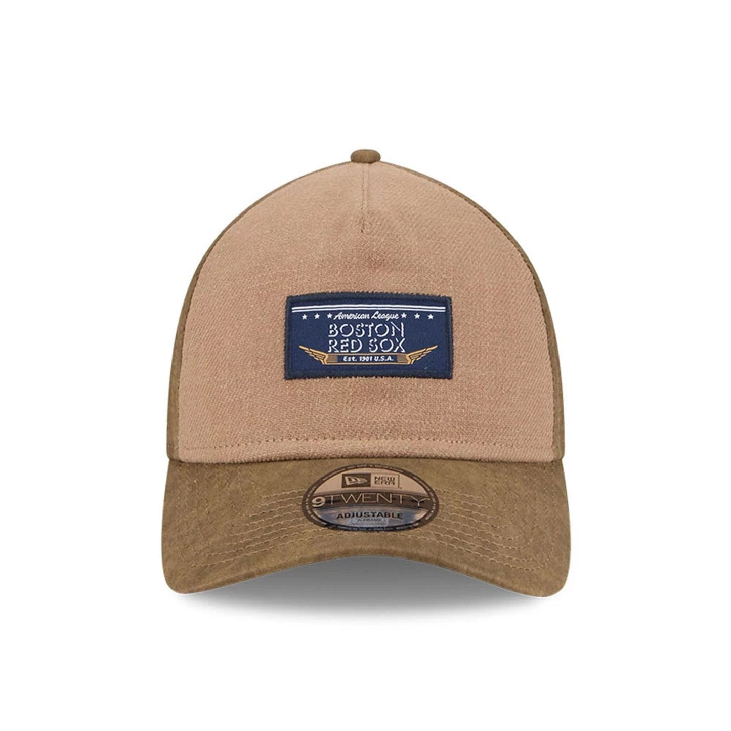 Pictured is this MLB Utility Linen Boston Red Sox 9TWENTY A-Frame cap in open brown. 2