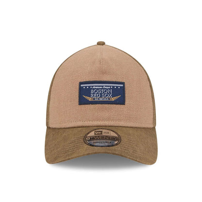 Pictured is this MLB Utility Linen Boston Red Sox 9TWENTY A-Frame cap in open brown. 2