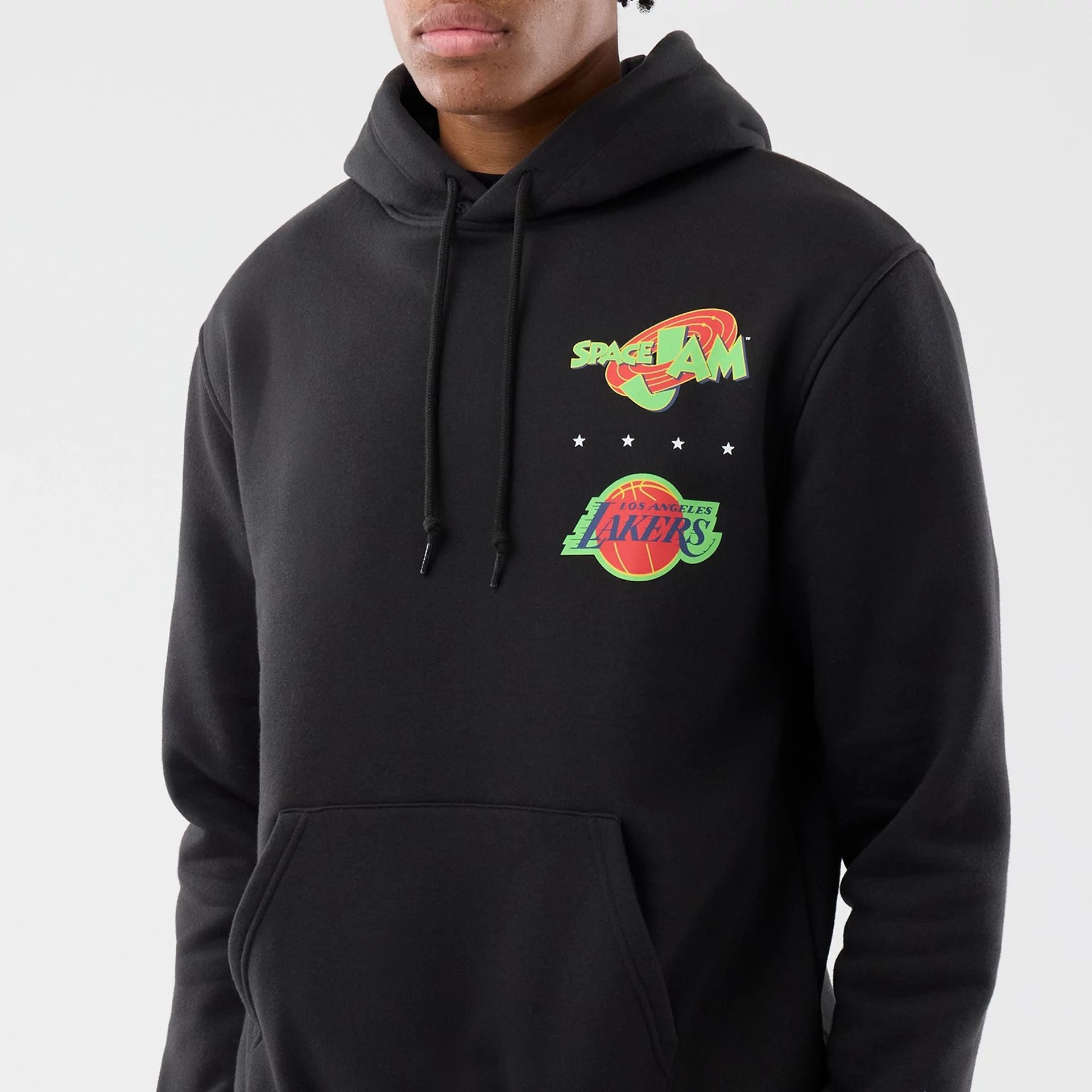 The model is wearing this Space Jam 2 X NBA LA Lakers Pullover Hoodie in black. 3