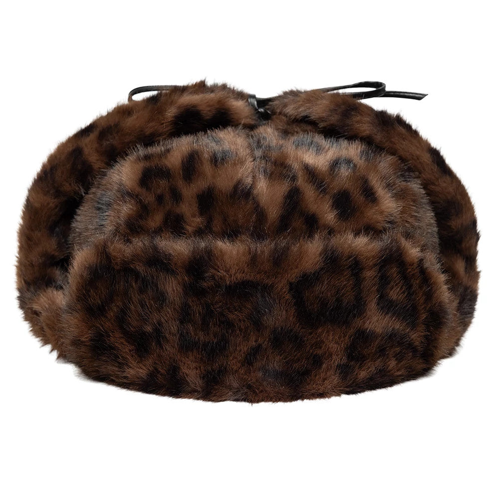 New Era Leopard Brown Trapper Hat, front view showing the textured faux fur in a rich brown leopard print with black spots, featuring a decorative black bow at the top.