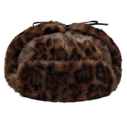 New Era Leopard Brown Trapper Hat, front view showing the textured faux fur in a rich brown leopard print with black spots, featuring a decorative black bow at the top.
