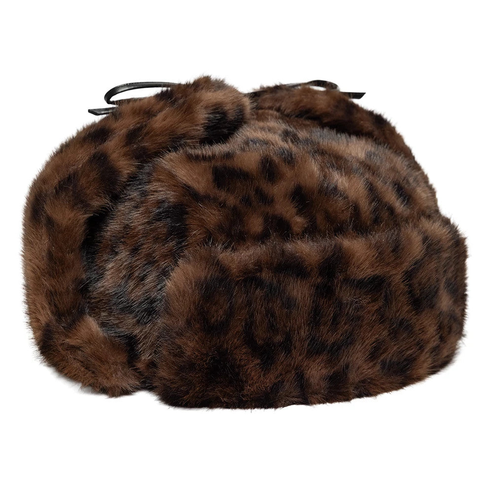 New Era Leopard Brown Trapper Hat, side view showing the luxurious leopard print faux fur texture with ear flaps and adjustable drawstrings, highlighting the rich brown tones and intricate pattern of the material.