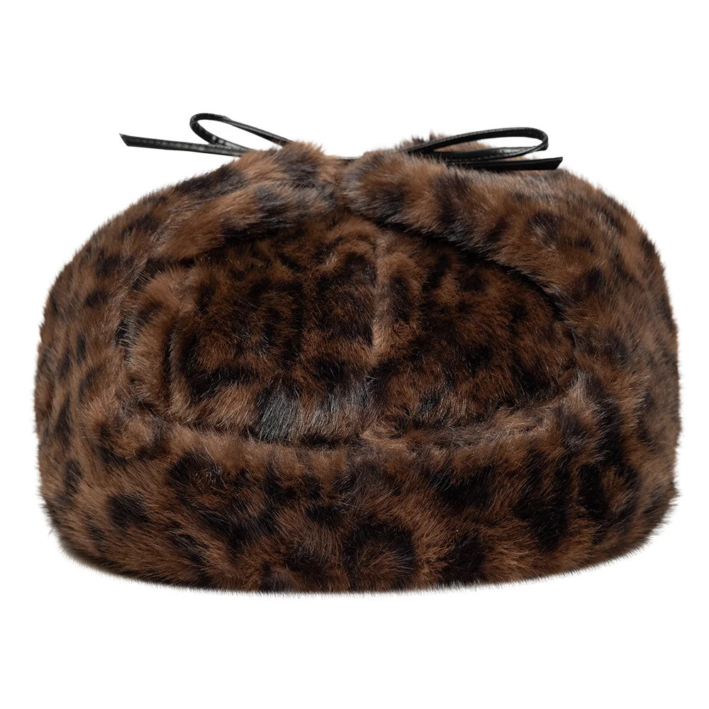 New Era Leopard Brown Trapper Hat, rear view showing the plush leopard print faux fur with black leather bow on the top, creating a cosy and winter accessory.