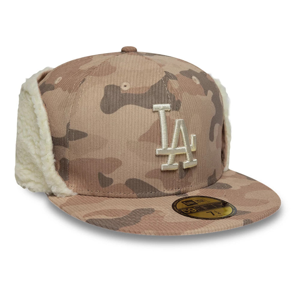 Pictured is this MLB Cord LA Dodgers Downflap 59FIFTY Fitted cap in light beige. 4