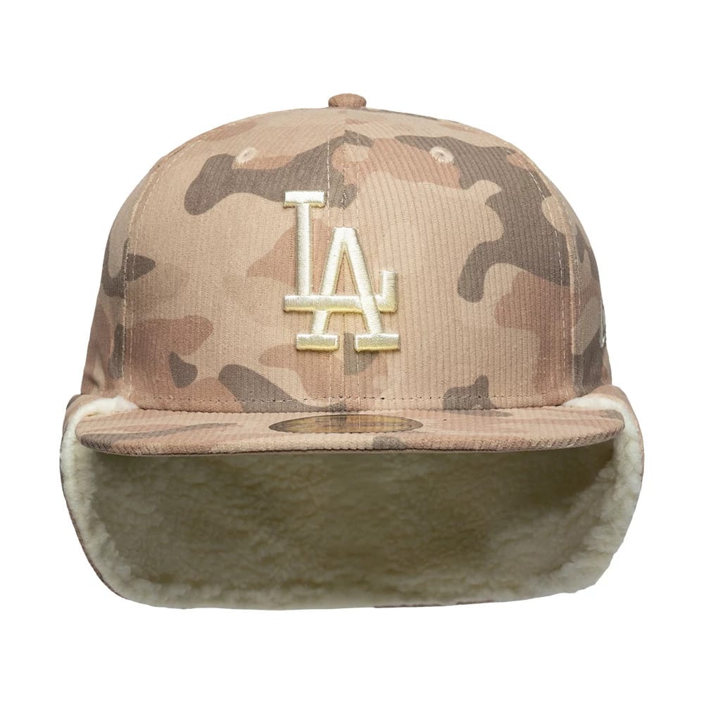Pictured is this MLB Cord LA Dodgers Downflap 59FIFTY Fitted cap in light beige. 7
