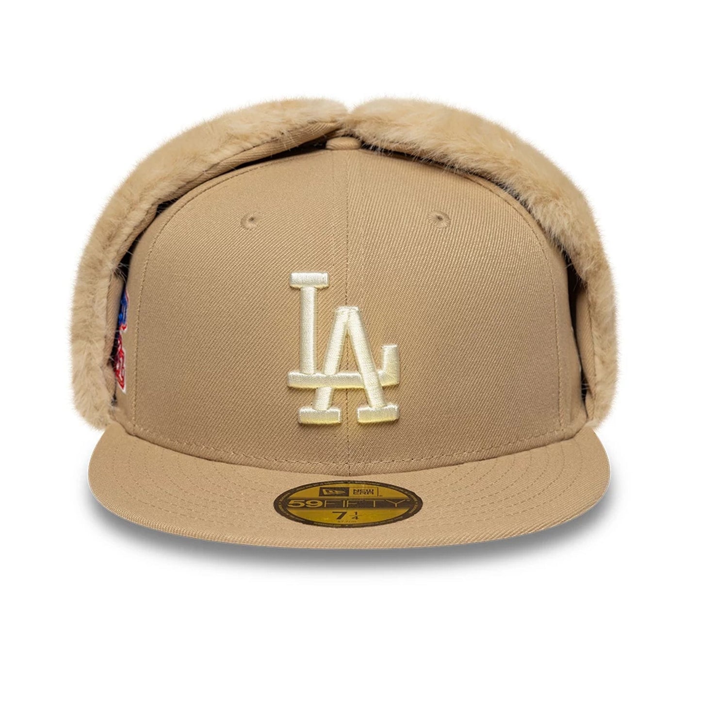 Pictured is this MLB World Series LA Dodgers Dogear 59FIFTY Fitted cap in light beige. 3