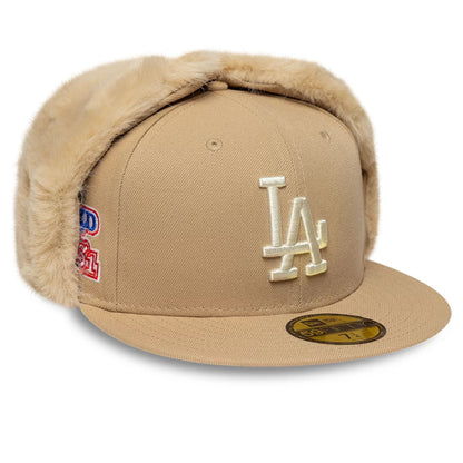 Pictured is this MLB World Series LA Dodgers Dogear 59FIFTY Fitted cap in light beige. 1