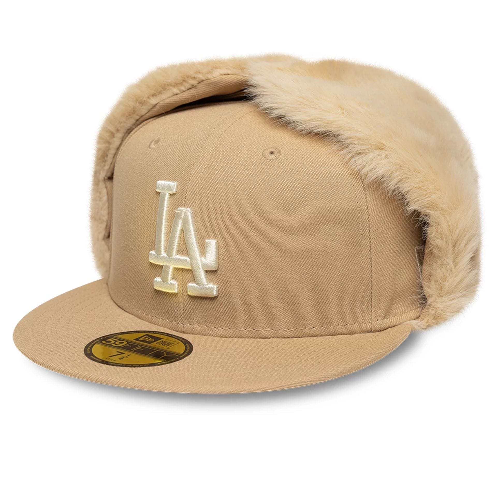 Pictured is this MLB World Series LA Dodgers Dogear 59FIFTY Fitted cap in light beige. 4