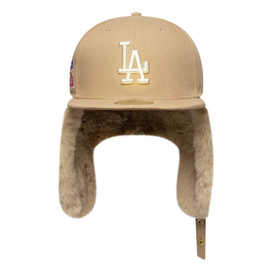 Pictured is this MLB World Series LA Dodgers Dogear 59FIFTY Fitted cap in light beige. 8