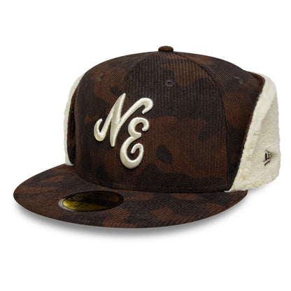 Pictured is this New Era Cord Downflap 59FIFTY Fitted cap in dark brown. 1