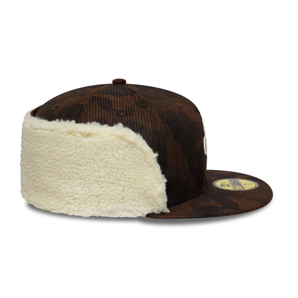 Pictured is this New Era Cord Downflap 59FIFTY Fitted cap in dark brown. 9