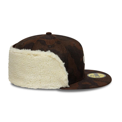 Pictured is this New Era Cord Downflap 59FIFTY Fitted cap in dark brown. 9
