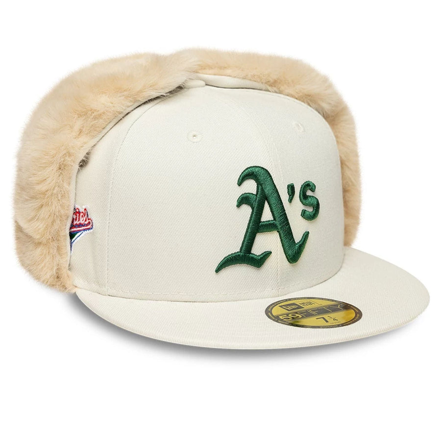 Pictured is this MLB World Series Oakland Athletics Dogear 59FIFTY Fitted cap in cream. 1